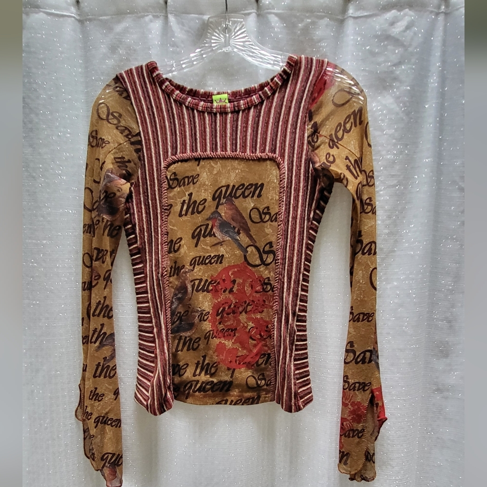 Save The Queen M Bird Print Stretch Top
